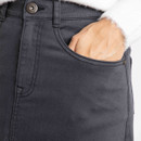 A close view of the skirt's front pockets and button closure.