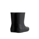 The back of a pair of black children's Hunter wellington boots. The back of a pair of black children's Hunter wellington boots.