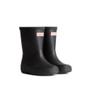 A pair of black mid-height children's Hunter wellington boots. A pair of black mid-height children's Hunter wellington boots.