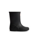 A side view of a black mid-height children's Hunter wellington boot. A side view of a black mid-height children's Hunter wellington boot.