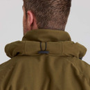 Close-up of the jacket collar on the Ridgeline Monsoon Classic Jacket in teak, highlighting the adjustable drawcord toggle.