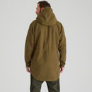Back view of a teak brown waterproof smock featuring a long dropped hem and an adjustable hood.