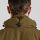 Close-up of the back of a teak brown waterproof smock showing the hood adjustment toggle and high collar.