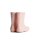 The back of a pair of light pink children's Hunter wellington boots.