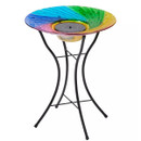 Colourful bird bath with a rainbow glass bowl, featuring an intricate pattern. Supported by elegant black metal legs, it exudes a whimsical, artistic vibe. Colourful bird bath with a rainbow glass bowl, featuring an intricate pattern. Supported by elegant black metal legs, it exudes a whimsical, artistic vibe.