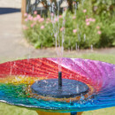 A vibrant garden fountain with water spraying from its centre. The fountain has a colourful, rainbow-patterned bowl, surrounded by blurred greenery. A vibrant garden fountain with water spraying from its centre. The fountain has a colourful, rainbow-patterned bowl, surrounded by blurred greenery.