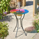 Colourful birdbath fountain on a black metal stand, with water spraying upward. It's set on a stone path surrounded by green plants and pink flowers. Colourful birdbath fountain on a black metal stand, with water spraying upward. It's set on a stone path surrounded by green plants and pink flowers.