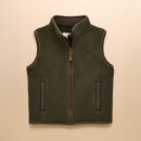 A front view of a dark green children's Joules fleece gilet