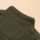 A close up view of the collar on a dark green children's Joules fleece gilet