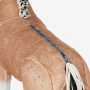 A close-up image of the back and hindquarters of a light brown plush toy horse with a dark dorsal stripe running along its back to the black-and-white yarn tail, featuring the embroidered "LeMieux" logo on its side.