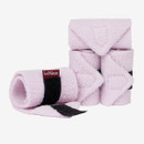 Four light purple fleece polo wraps with black Velcro fastenings, one partially unrolled to show the LeMieux brand label.