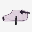 A small lavender fleece horse rug with dark purple trim and decorative braided cord on the rear, featuring a black belly strap and a Velcro fastening at the front, laid flat on a white background.
