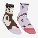 A pair of children’s socks, one in brown with a cartoon horse face design in cream and white with lilac accents, and the other in lilac with a pattern of small black-and-white horses, green cacti, horseshoes, and cowboy hats, featuring pink heel and toe sections.