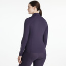Rear view of a woman wearing a fitted, long-sleeved, deep purple base layer top with a quarter zip and matching leggings, featuring "LeMieux" branding on the lower left sleeve.