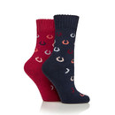 A view of a 2 pack of navy and red socks on a white background