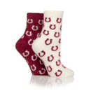 A view of a 2 pack of fluffy red and cream socks on a white background