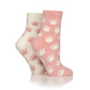 A view of a 2 pack of fluffy pink and cream socks on a white background