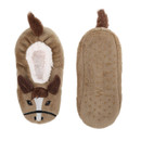 A view of a pair of horse shaped children's slippers on a white background