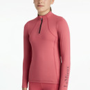Cranberry long-sleeve equestrian base layer featuring quarter zip, high collar, and “LeMieux” branding on the sleeve, designed in breathable stretch fabric.