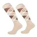 A view of a pair of beige riding socks on a white background