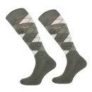 A view of a pair of green riding socks on a white background