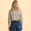 A woman with blonde hair is seen from behind, wearing a vertically striped shirt in brown and white, and high-waisted blue jeans. The background is a light beige, creating a casual and relaxed tone.