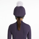 Juniper purple riding helmet silk with white faux fur pom-pom, shown from the rear with matching base layer.