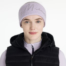 Woman in a light purple “LeMieux” script headband, lilac base layer, and black padded gilet, facing forward against a white background.