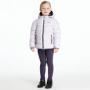Full-length view of girl in lilac LeMieux puffer jacket with horse print, paired with purple riding leggings and black jodhpur boots.