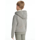 Rear view of boy in sage green LeMieux hoodie with hood up, showing subtle hoof print embroidery on the back.
