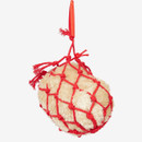 Cream plush toy haynet ball in red rope netting with hanging loop, designed for pony play and stable enrichment.