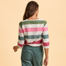 Rear view of a person with long hair, wearing a colourful striped top in green, pink, and white, and teal pants. The background is a plain peach colour.