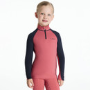 Child in cranberry LeMieux Mini base layer with navy sleeves, close-up front view.