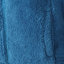Close-up of the fleece texture and side pocket seam of the blue sherpa jacket.