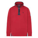 Red quarter-zip sweatshirt with navy contrast stitching and detailing. Features a stand collar with a navy zip placket, Lazy Jacks Co. branding on the chest and sleeve, and a relaxed fit with ribbed cuffs.