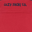 Close-up of the back collar of a red sweatshirt, showing “Lazy Jacks Co.” embroidered in navy.