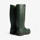 The back of a pair of tall, dark olive coloured wellington boots.