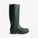 A side view of a tall dark olive coloured wellington boot with a side zip.
