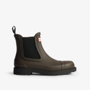 A side view of a dark brown Chelsea wellington boot with a black sole.
