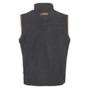 A dark gray, sleeveless fleece vest with a stand-up collar and tan trim on the armholes. A leather logo patch is centred on the upper back.
