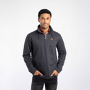 A man wearing a black quarter zip sweatshirt.