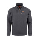 The front of a black quarter zip sweatshirt with a high collar and orange Weird Fish branding on the chest.