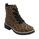 A front view of a leopard ankle boot on a white background