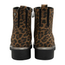 A back view of a leopard ankle boot on a white background