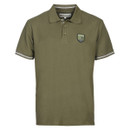 Olive green polo shirt with a small embroidered patch on the left chest. Features a collared neckline and short sleeves with subtle white stripes. Casual tone.