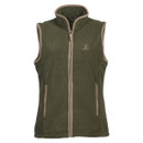 Green fleece vest with tan trim and a high collar. Features a front zipper and small embroidered logo on the chest, suggesting outdoor or casual wear.