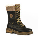 Side view of a black Lunar Women's Cambridge Boot with tan contrast stitching, a lace-up front, faux zip detail, and a knitted cuff with faux fur lining.