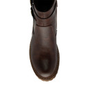A top view of a brown combat-style boot on a white background