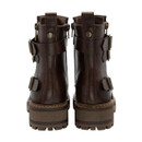 A back view of a brown combat-style boot on a white background