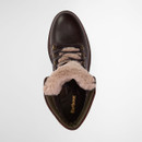 Top-down view of Barbour Bamburgh hiker boots showing faux fur lining and lace design